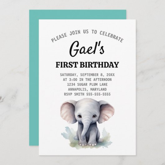 Elephant 1. Geburtstagsjunge Einladung (Vorne/Hinten)