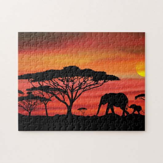 Elephant African Sunset Puzzle (Horizontal)
