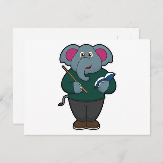 Elephant als Lehrer mit Buch und Zeiger Postkarte (Vorne/Hinten)