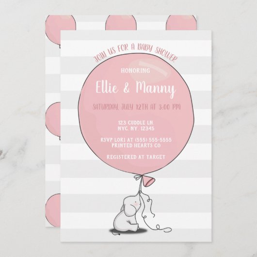 Elephant and Balloon Baby Shower Einladung | Rosa (Vorne/Hinten)