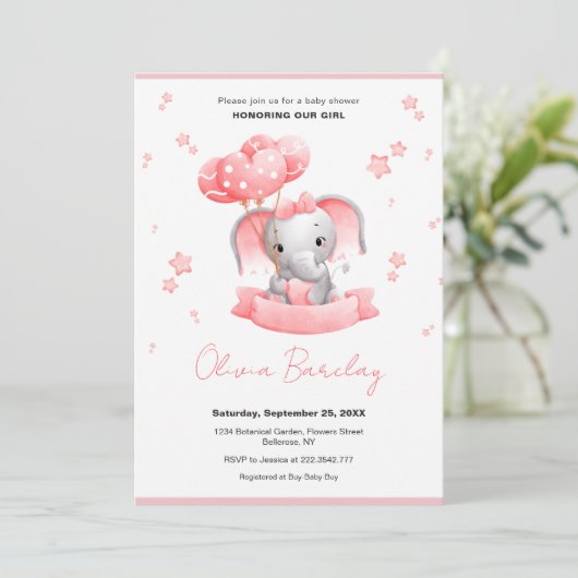 Elephant and Balloons Baby Shower Einladung (Stehend Vorderseite)