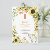  Elephant and Sunflower Animal First Birthday Einladung (Stehend Vorderseite)