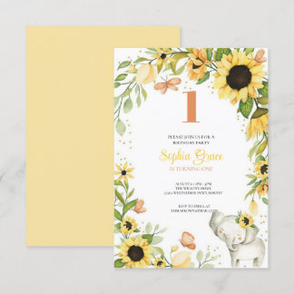  Elephant and Sunflower Animal First Birthday Einladung