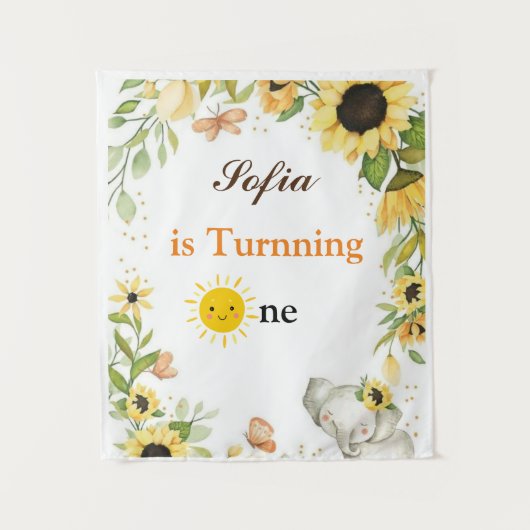 Elephant and Sunflower Animal First Birthday Wandteppich (Vorderseite)