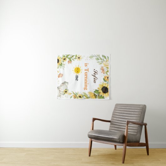 Elephant and Sunflower Animal First Birthday Wandteppich (Beispiel (Horizontal))