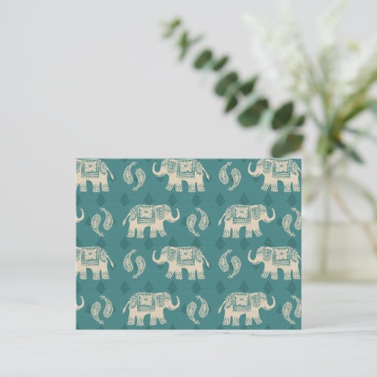 Elephant Aquamarin Caravan Muster Postkarte (Stehend Vorderseite)