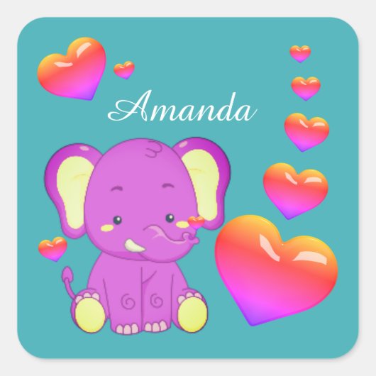 Elephant Aquamarin Pink Lila Hearts Girl Quadratischer Aufkleber (Vorderseite)