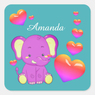 Elephant Aquamarin Pink Lila Hearts Girl Quadratischer Aufkleber