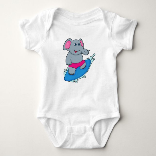 Elephant as Surfer with Surfboard Baby Strampler (Vorderseite)
