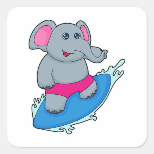 Elephant as Surfer with Surfboard Quadratischer Aufkleber
