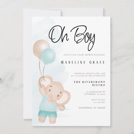 Elephant Baby Boy Baby Shower Einladung (Vorderseite)
