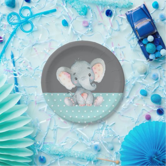Elephant Baby Dusche Aqua Aquamarin Türkis und Gra Pappteller (Party)