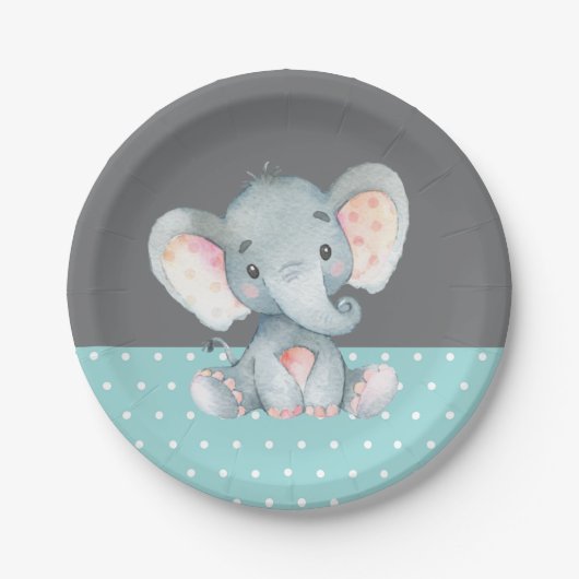 Elephant Baby Dusche Aqua Aquamarin Türkis und Gra Pappteller (Vorderseite)