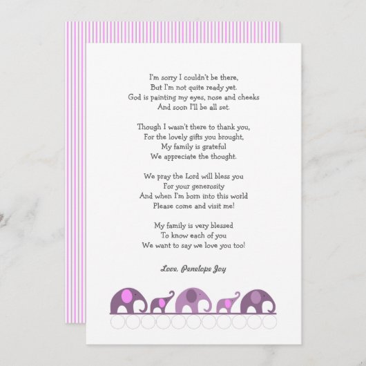 Elephant Baby Dusche Dankeschön Notizen / lila ros (Vorne/Hinten)