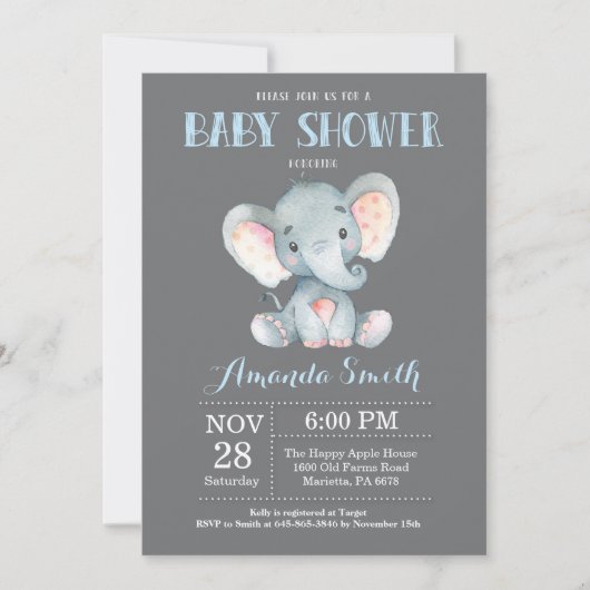Elephant Baby Dusche Einladung Blau und Grau (Vorderseite)