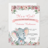 Elephant Baby Dusche Einladung blumenreich (Vorne/Hinten)