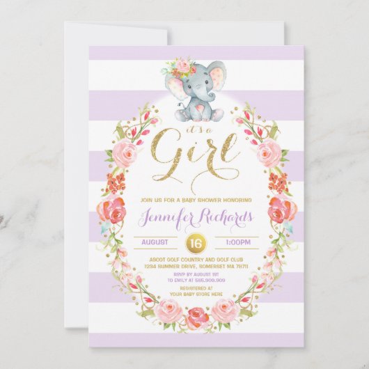 Elephant Baby Dusche Einladung Floral Boho Dusche (Vorderseite)