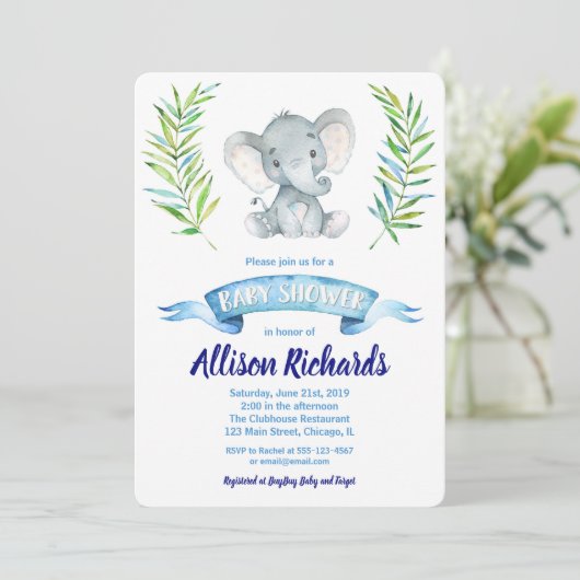 Elephant Baby Dusche Einladung für Junge Aquarell (Stehend Vorderseite)