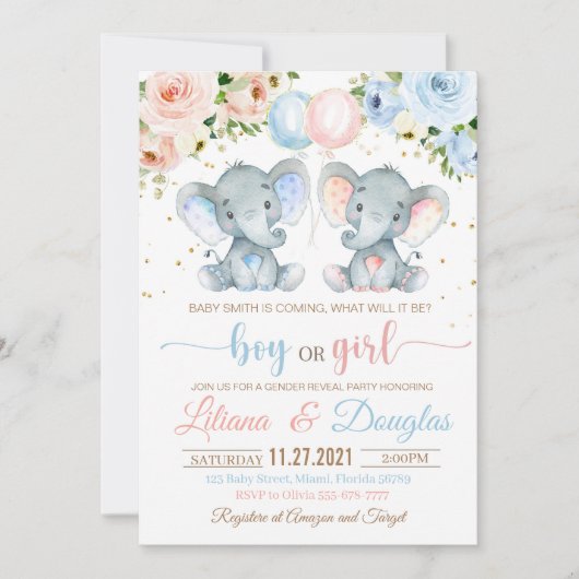 Elephant Baby Dusche Einladung Geschlecht offenbar (Vorderseite)