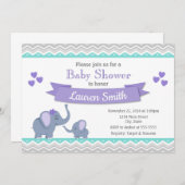 Elephant Baby Dusche Einladung Mädchen Lila Aquama (Vorne/Hinten)