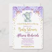 Elephant baby Dusche Einladung Mädchen lila Gold (Vorderseite)