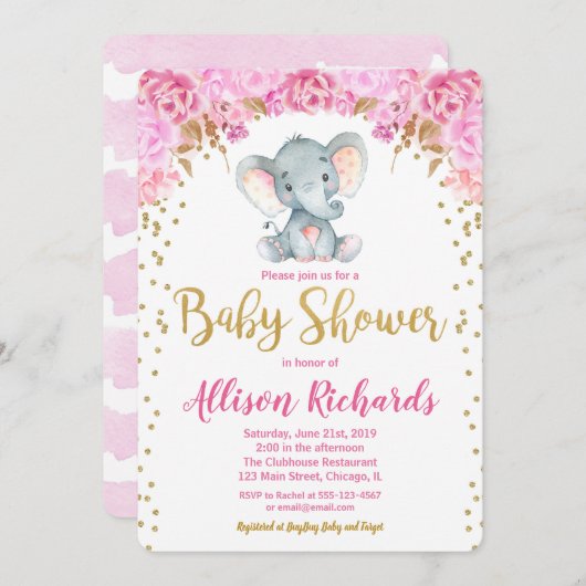 Elephant Baby Dusche Einladung Mädchen rosa Gold (Vorne/Hinten)
