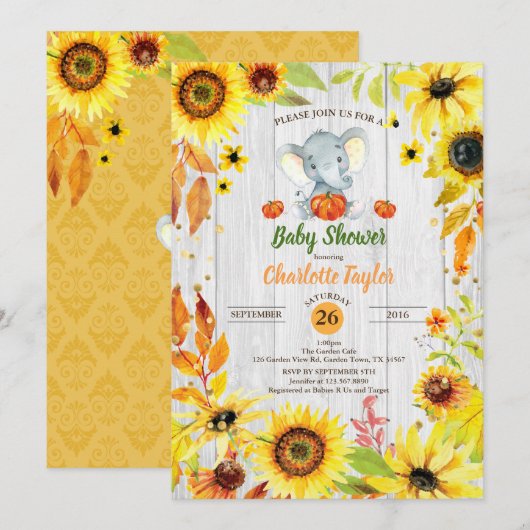 Elephant Baby Dusche Einladung Sonnenblumenfall (Vorne/Hinten)