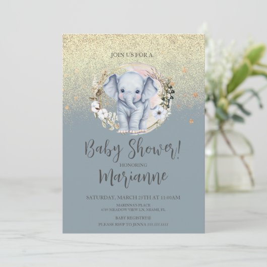 Elephant Baby Dusche Imitate Gold Glitzer Dusty Bl Einladung (Stehend Vorderseite)