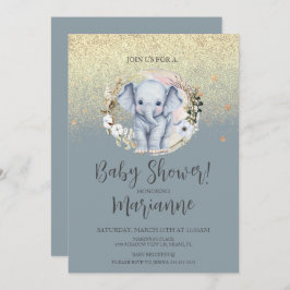 Elephant Baby Dusche Imitate Gold Glitzer Dusty Bl Einladung