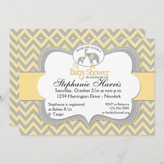 Elephant Baby Dusche in Zickzack Gelb und Grau Einladung (Vorne/Hinten)