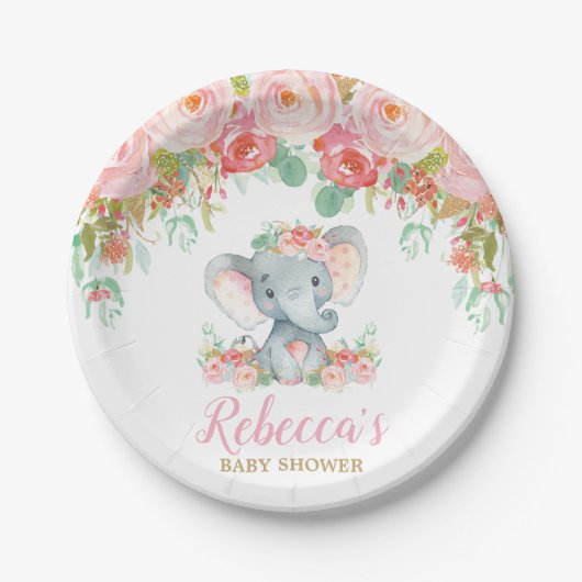 Elephant Baby Dusche Pink Blush Floral Dessert 7" Pappteller (Vorderseite)