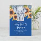 Elephant Baby Dusche Sonnenblumen Glitzer Blau Einladung (Stehend Vorderseite)
