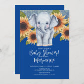 Elephant Baby Dusche Sonnenblumen Glitzer Blau Einladung (Vorne/Hinten)