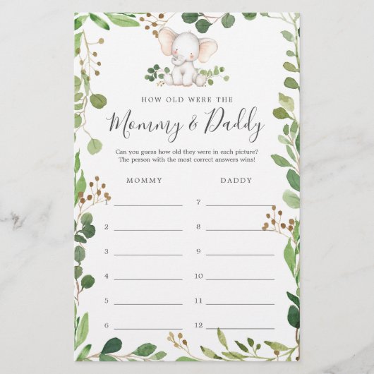 Elephant Baby Dusche wie alt waren sie Spielkarte (Vorderseite)