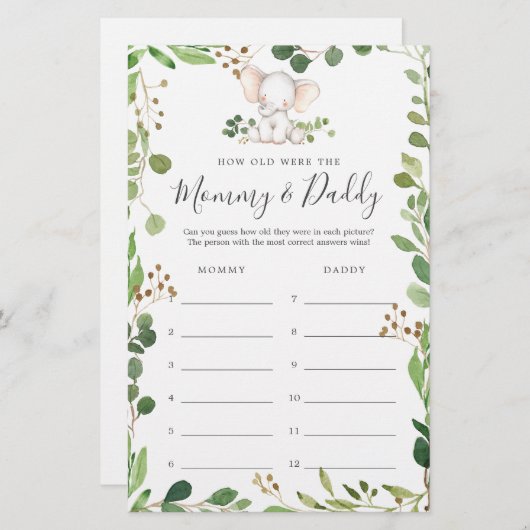 Elephant Baby Dusche wie alt waren sie Spielkarte (Vorne/Hinten)