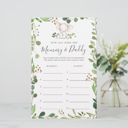 Elephant Baby Dusche wie alt waren sie Spielkarte (Stehend Vorderseite)