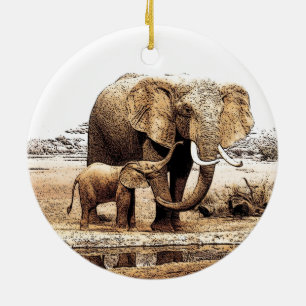 Elephant & Baby Elephant Weihnachtsdekoration Keramik Ornament