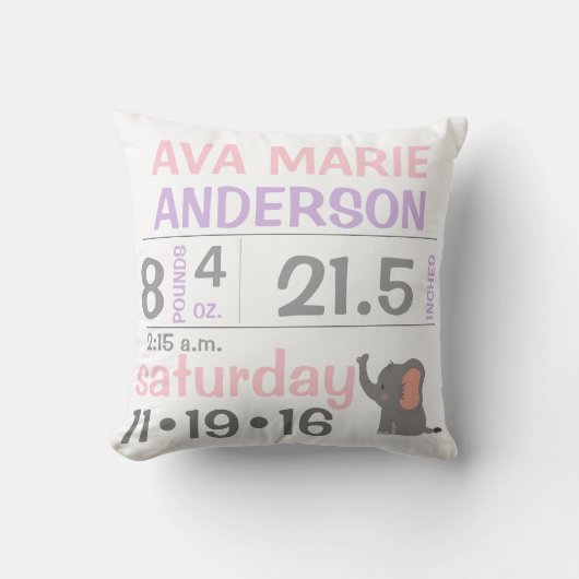Elephant Baby Girl Announcement Throw Kissen (Vorderseite)