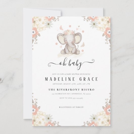 Elephant Baby Girl Baby Shower Einladung (Vorderseite)