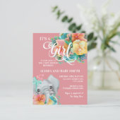 Elephant Baby Girl Babydusche Aquamarin rosa gelb Postkarte (Stehend Vorderseite)