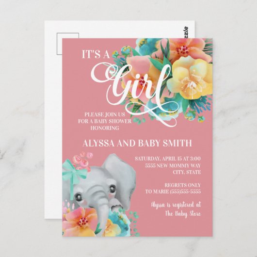 Elephant Baby Girl Babydusche Aquamarin rosa gelb Postkarte (Vorne/Hinten)