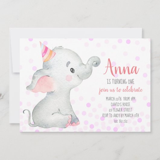 Elephant Baby Girl Blush Pink Confetti Dschungel N Einladung (Vorderseite)