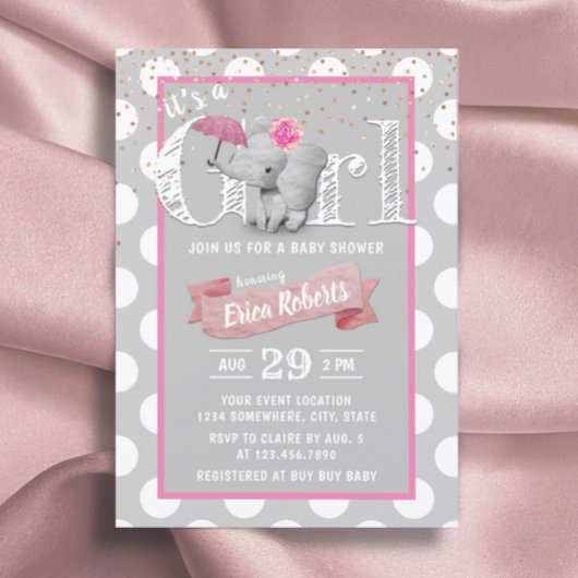 Elephant Baby Girl Niedlich Polka Dot Gray Baby Du Einladung