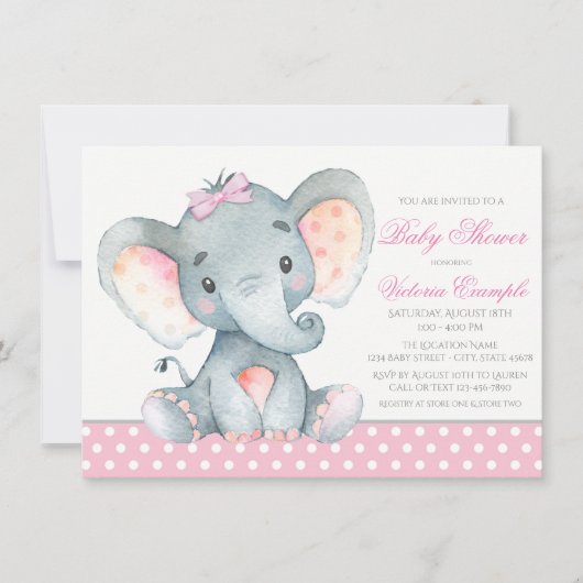 Elephant Baby Girl Shower Einladungen (Vorderseite)