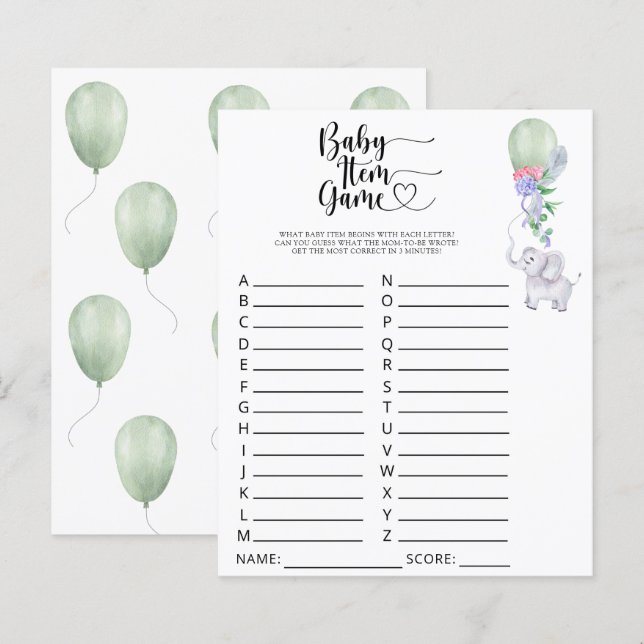 Elephant Baby Item Game. Baby Shower Game (Vorne/Hinten)