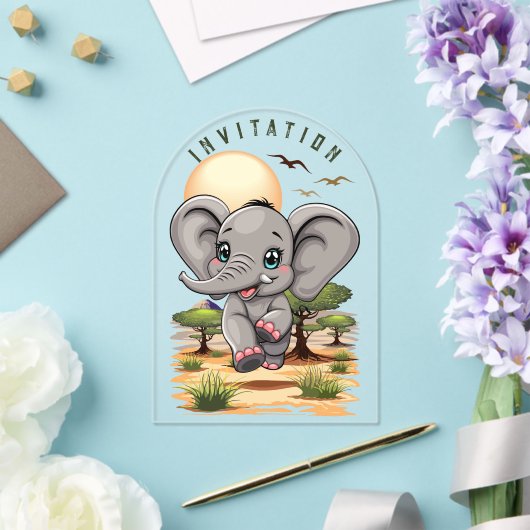 Elephant Baby Jumping Happy in African Savannah Acryleinladungen (Insitu (Hochzeit))