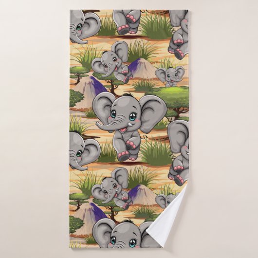 Elephant Baby Jumping Happy in African Savannah Badhandtuch Set (Badehandtuch)
