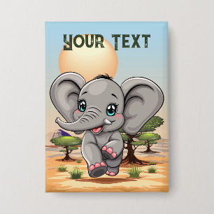 Elephant Baby Jumping Happy in African Savannah Button