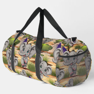 Elephant Baby Jumping Happy in African Savannah Duffle Bag
