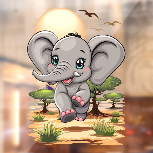 Elephant Baby Jumping Happy in African Savannah Fensteraufkleber (Blatt 2)